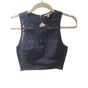 Rebecca Taylor Crop Top Womens 4 Navy Blue Eyelet Lace Smocked Back
"MASIE"